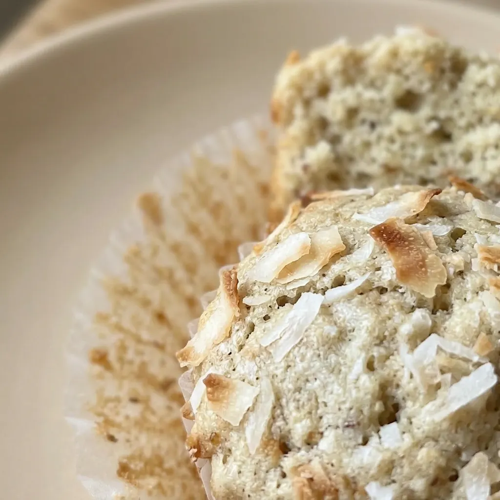 Close view of a banana coconut muffin with visible walnut pieces and coconut flakes on top.