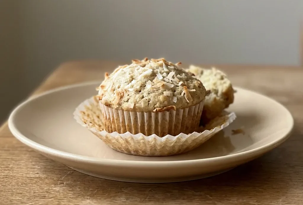 Overhead shot of three banana coconut muffins topped with walnut pieces on a white plate.