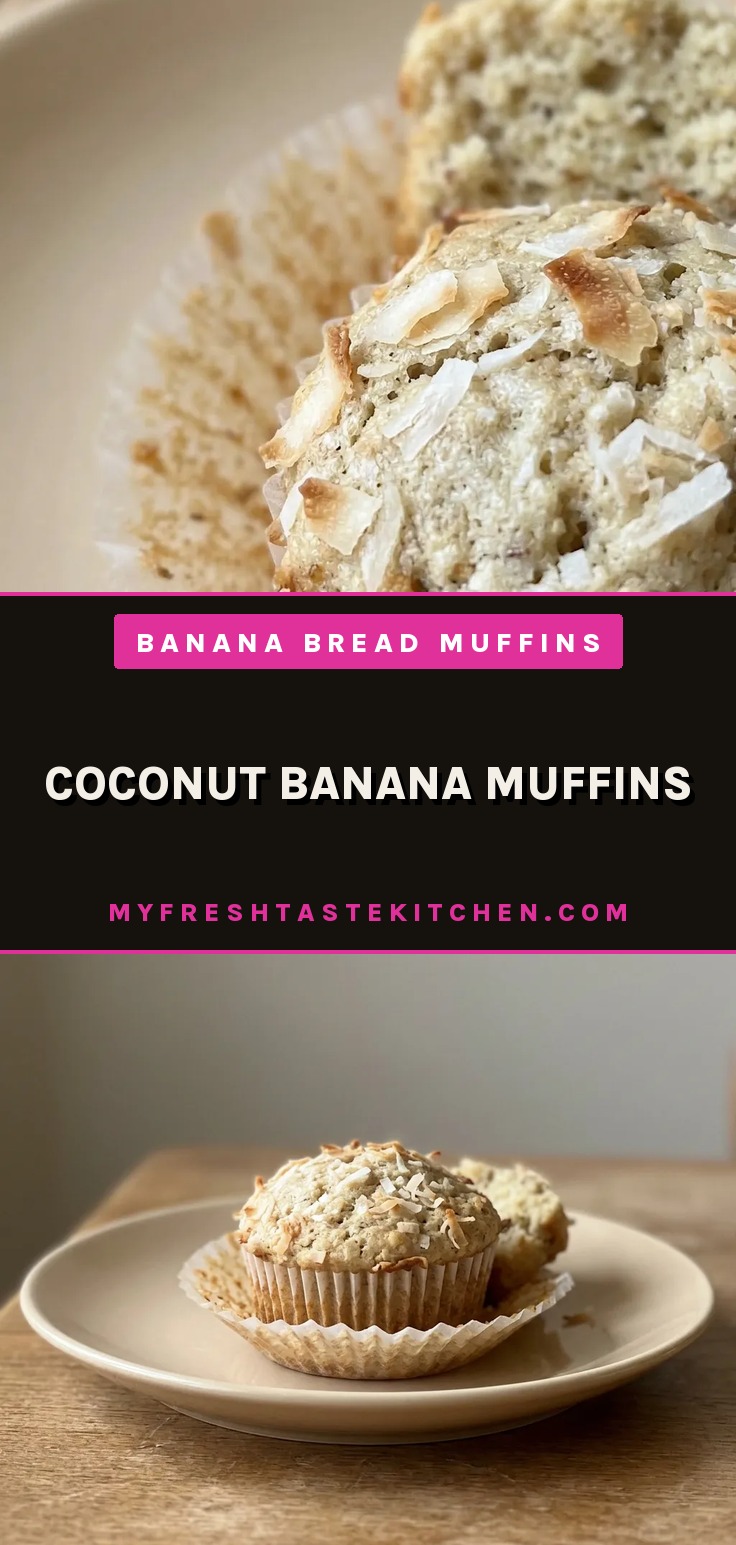 Overhead shot of three banana coconut muffins topped with walnut pieces on a white plate.