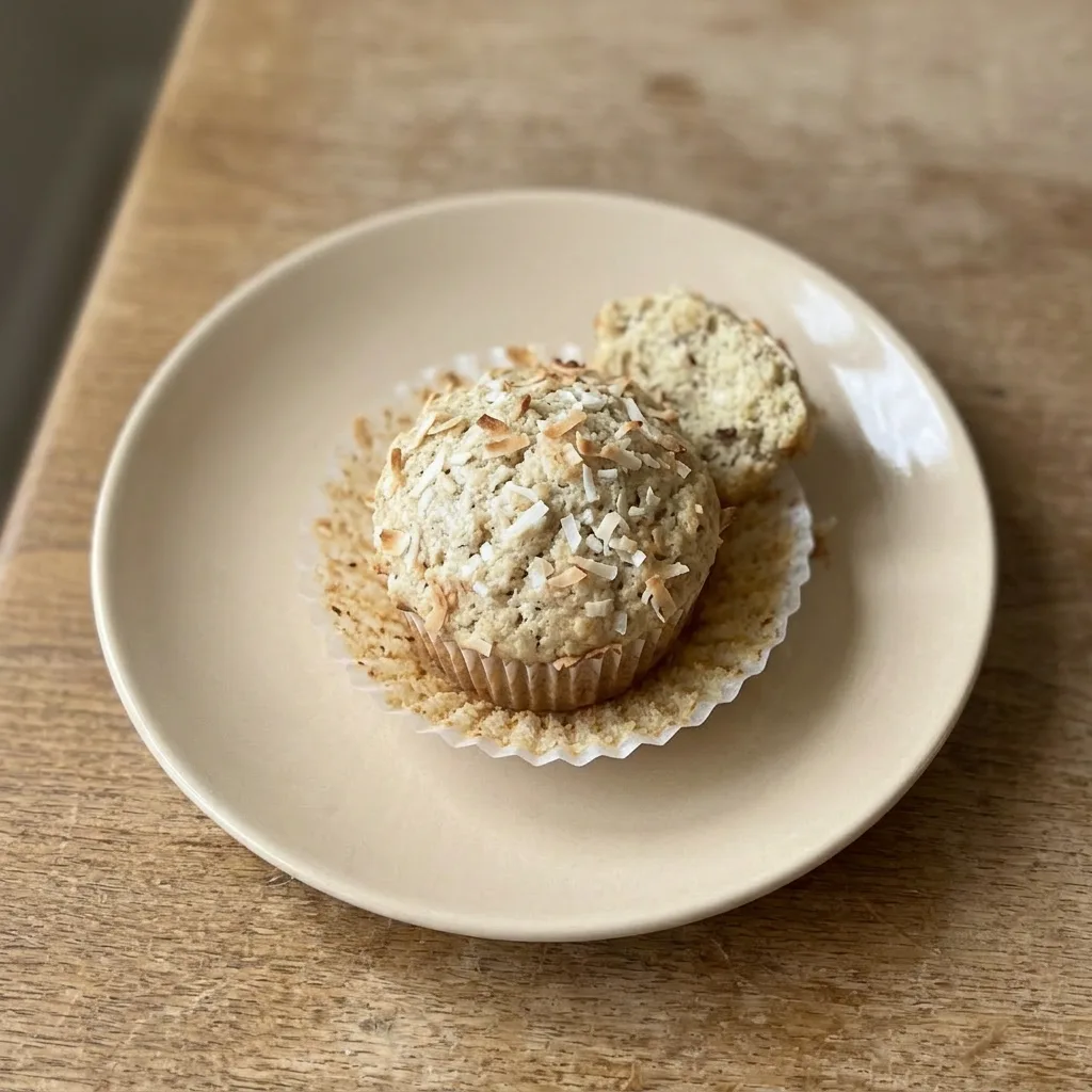 Plated banana coconut muffin with walnuts and coconut flakes, drizzled with vanilla.