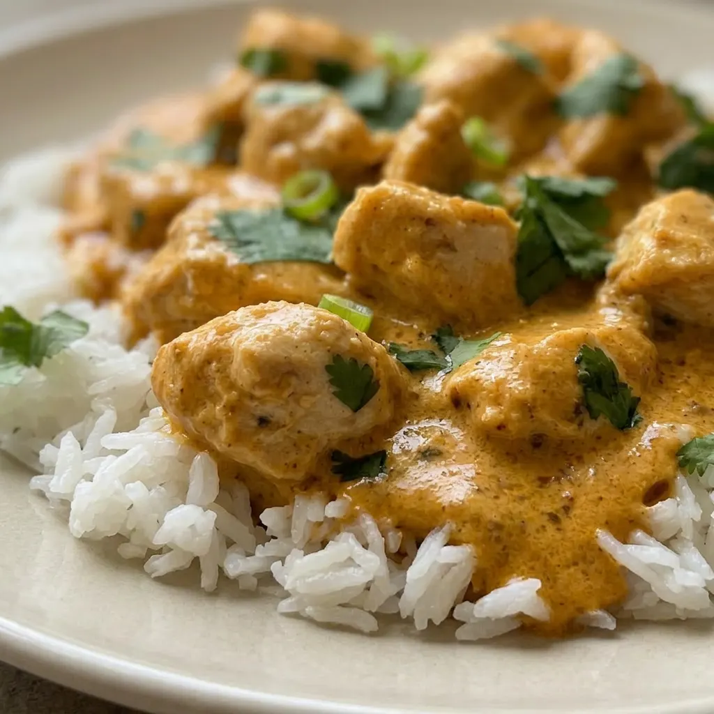 Up close, a fork lifts a piece of coconut chicken with rice, showing garlic and ginger bits.