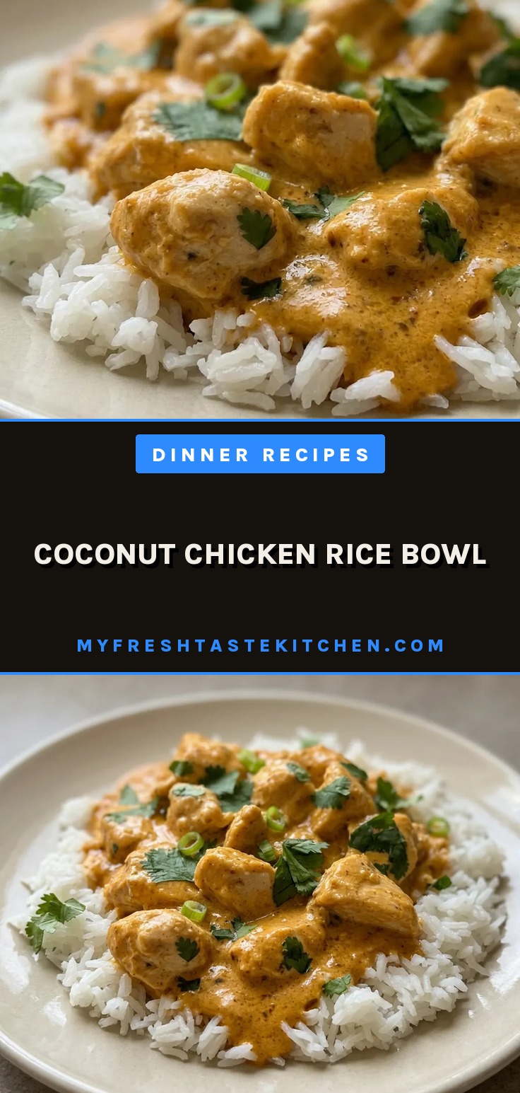 Looking down at a bowl of rice topped with coconut chicken strips, drizzled soy sauce, and lime wedges.