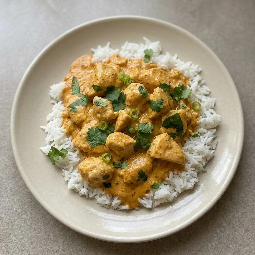A plate of coconut chicken rice bowl with chicken, rice, and lime slices.