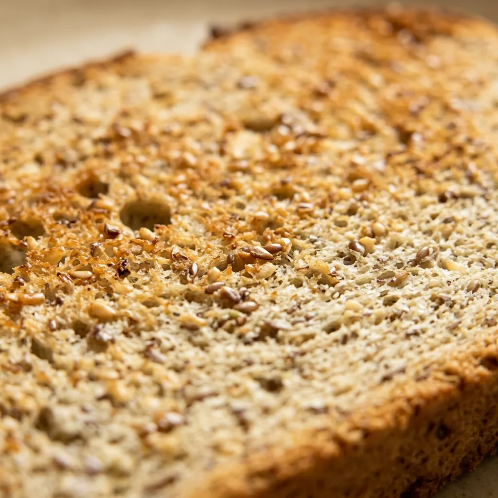 Up close, a slice of bread with visible ground flax and arrowroot specks, glistening with oil and honey.
