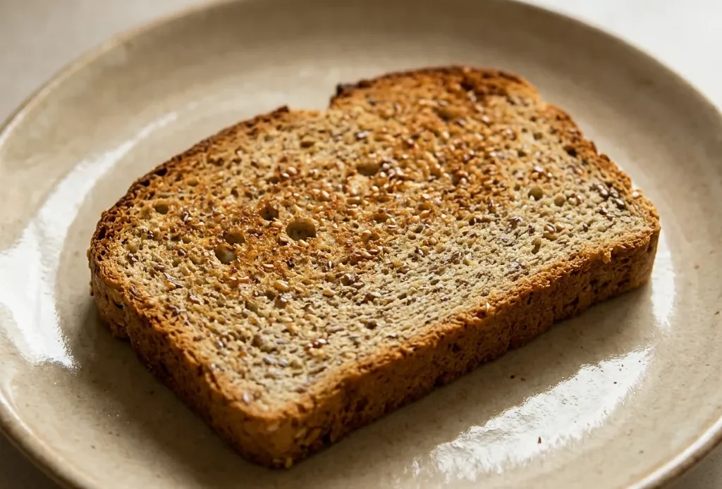 Looking down at a round golden bread slice with a dense crumb, topped with a drizzle of honey.