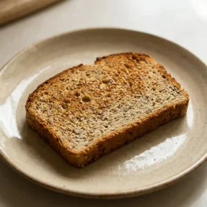 Looking down at a round golden bread slice with a dense crumb, topped with a drizzle of honey.