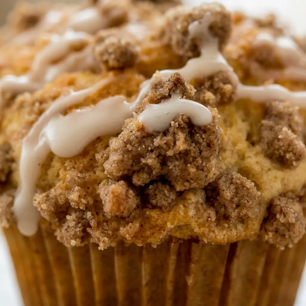 Close view of a bakery-style muffin with visible cinnamon swirls and a crumbly streusel topping.