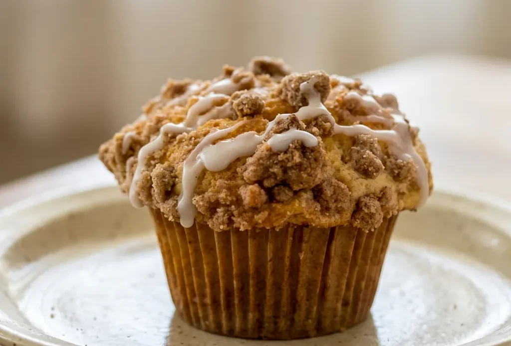 Overhead shot of a coffee cake muffin with cinnamon streusel topping, drizzled with white glaze.