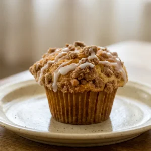 Overhead shot of a coffee cake muffin with cinnamon streusel topping, drizzled with white glaze.