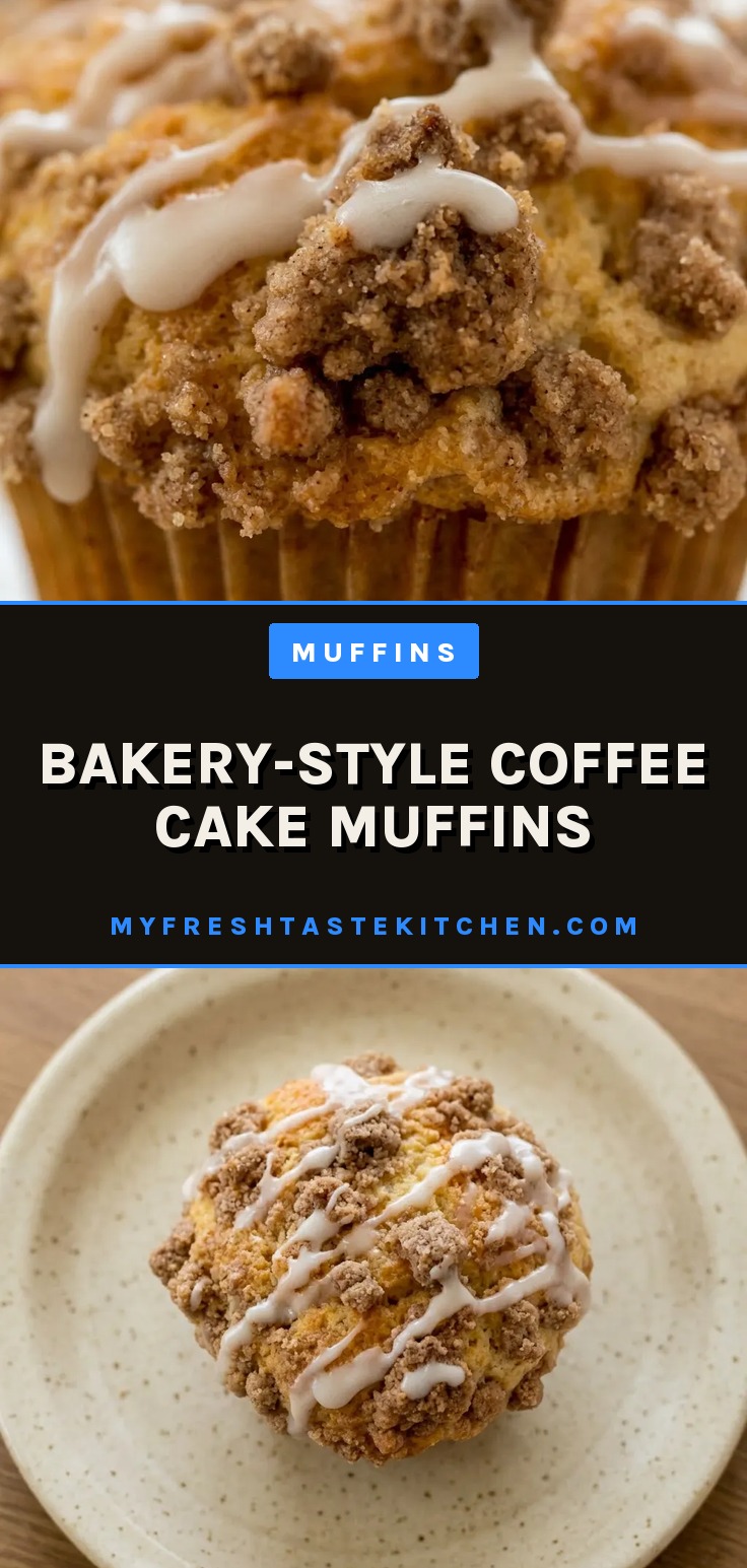 Overhead shot of a coffee cake muffin with cinnamon streusel topping, drizzled with white glaze.