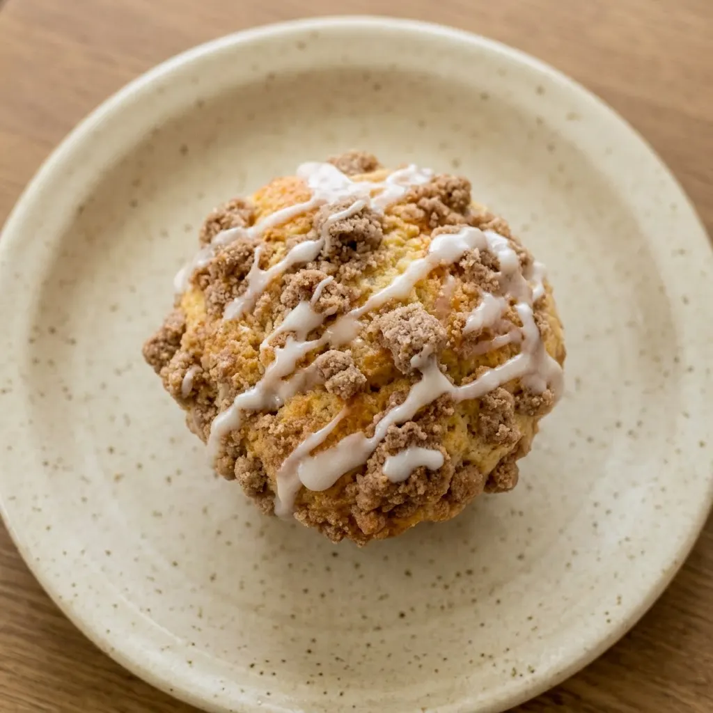 Plated muffin with a tender crumb, topped with butter and sour cream glaze.