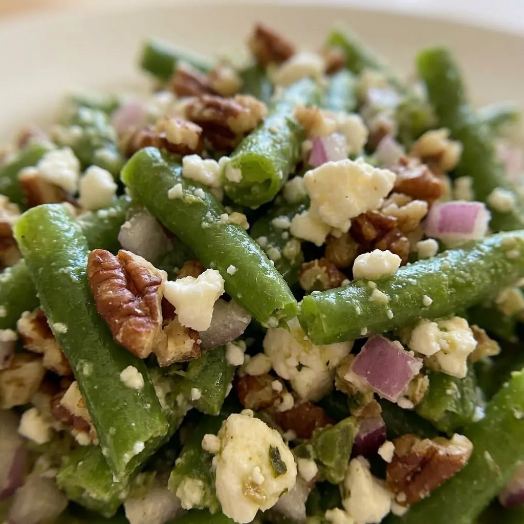Up close, green beans are topped with white feta crumbles, brown pecan pieces, and green mint leaves, with red onion rings.