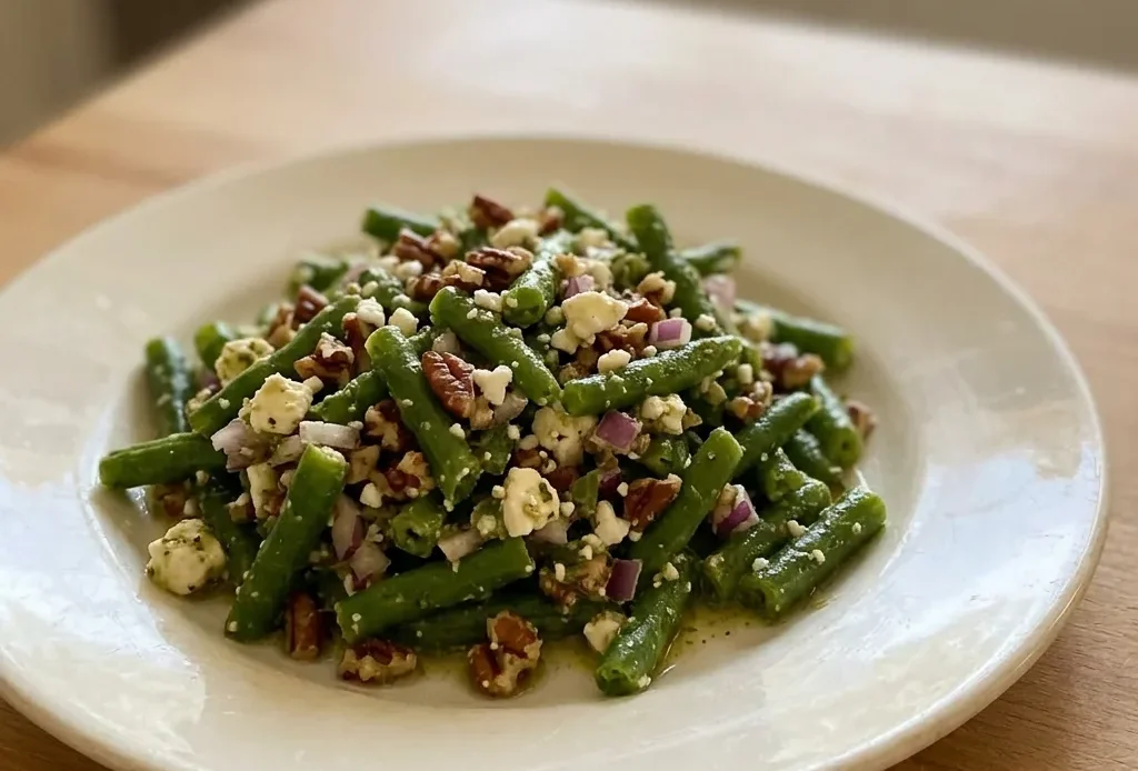 Looking down at a pile of green beans with crumbled feta, pecan halves, and mint leaves scattered on top.