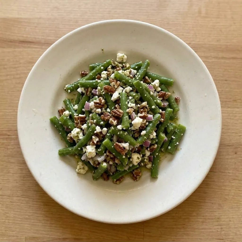 A plate of green beans mixed with feta cheese, pecans, mint, and red onion rings.