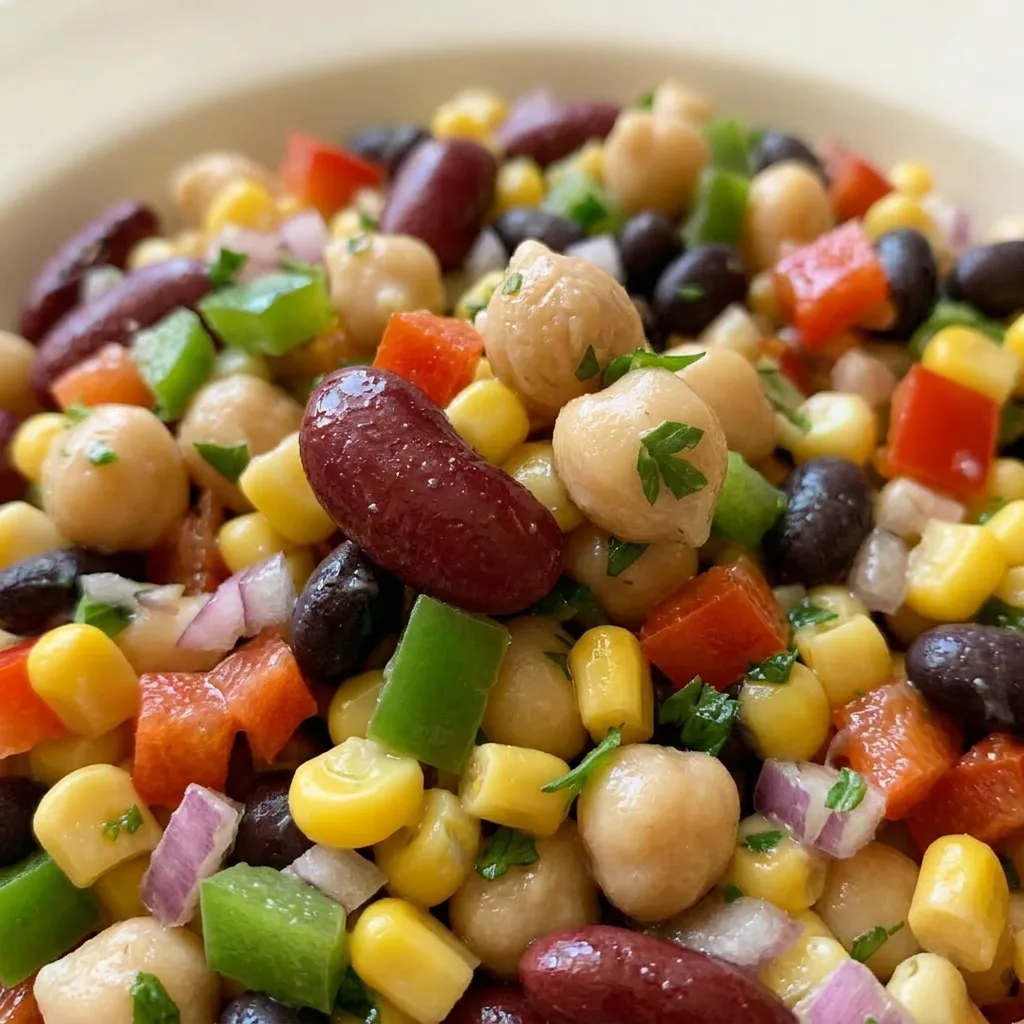 Up close, mixed beans and corn with bell pepper and red onion pieces, garnished with fresh parsley.