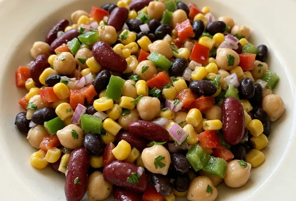 Looking down at a colorful bean salad with kidney, black, and garbanzo beans, corn, diced bell peppers, red onion, and parsley.