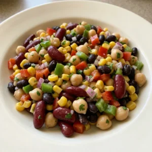 Looking down at a colorful bean salad with kidney, black, and garbanzo beans, corn, diced bell peppers, red onion, and parsley.
