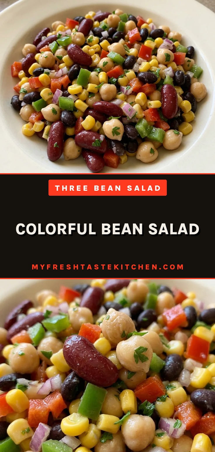 Colorful bean salad with kidney beans, black beans, garbanzo beans, corn, and diced bell peppers in a bowl.