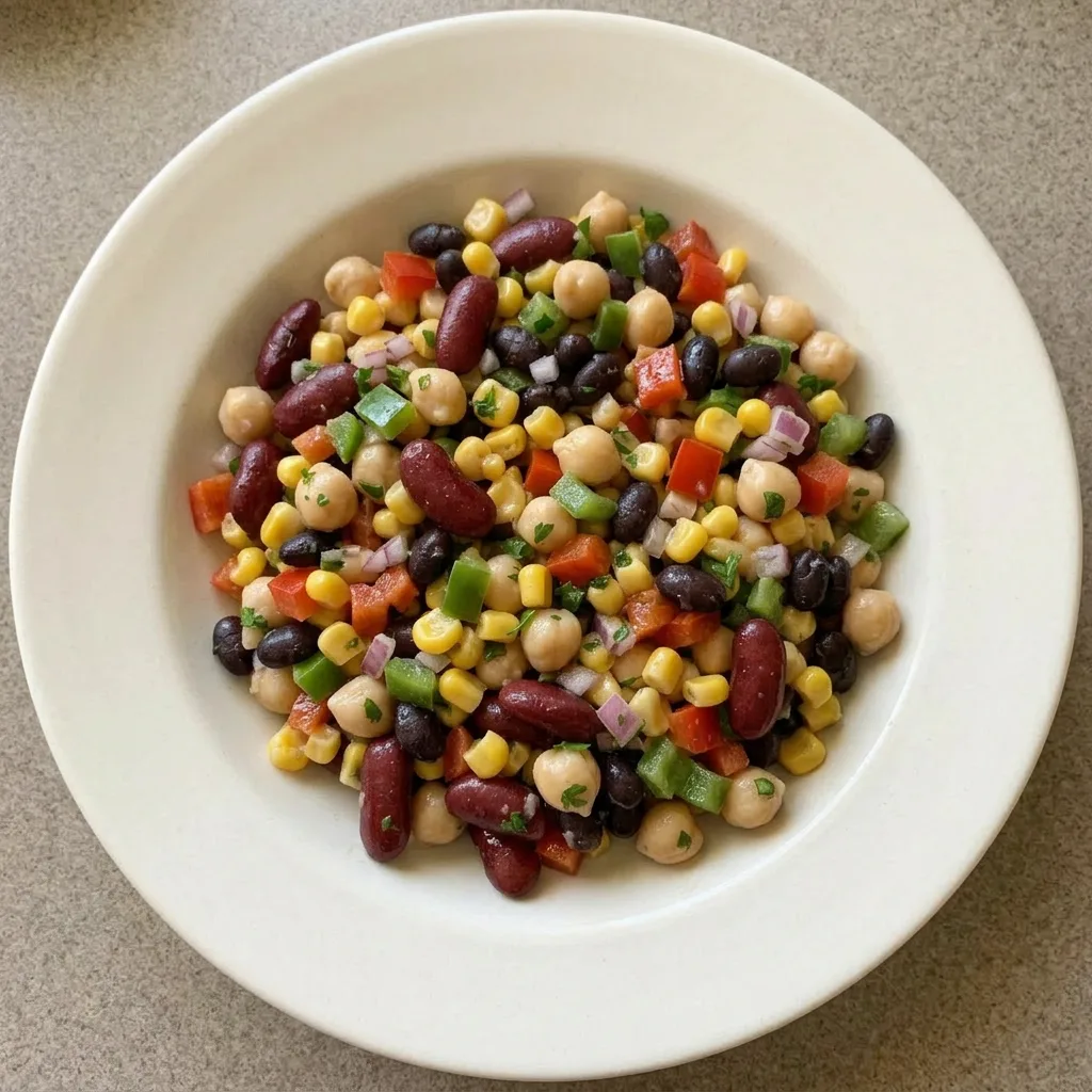 A plate of bean salad featuring kidney, black, and garbanzo beans, corn, bell peppers, red onion, and parsley.