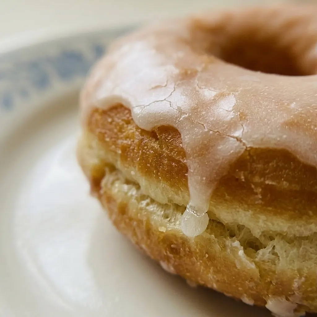 Up close, a glazed doughnut shows a light golden crumb and smooth, shiny icing with small drips.
