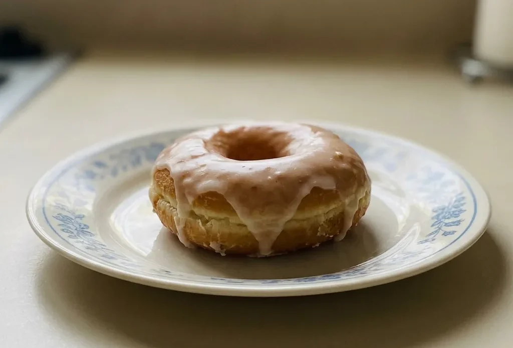 Looking down at a row of four glazed doughnuts with glossy white icing on a dark surface.