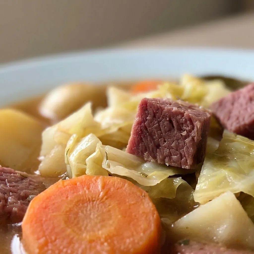 Up close, a spoonful of soup reveals tender corned beef, soft cabbage, and diced potatoes and carrots.