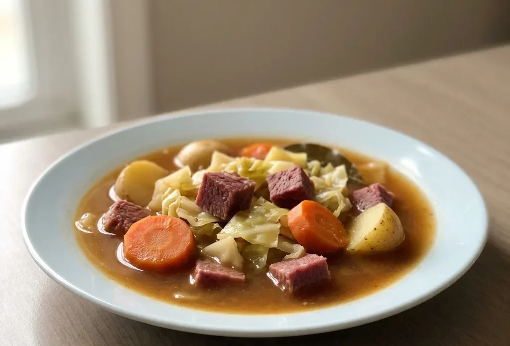 Looking down at a bowl of soup with chunks of corned beef, cabbage, potatoes, carrots, and celery in a dark broth.