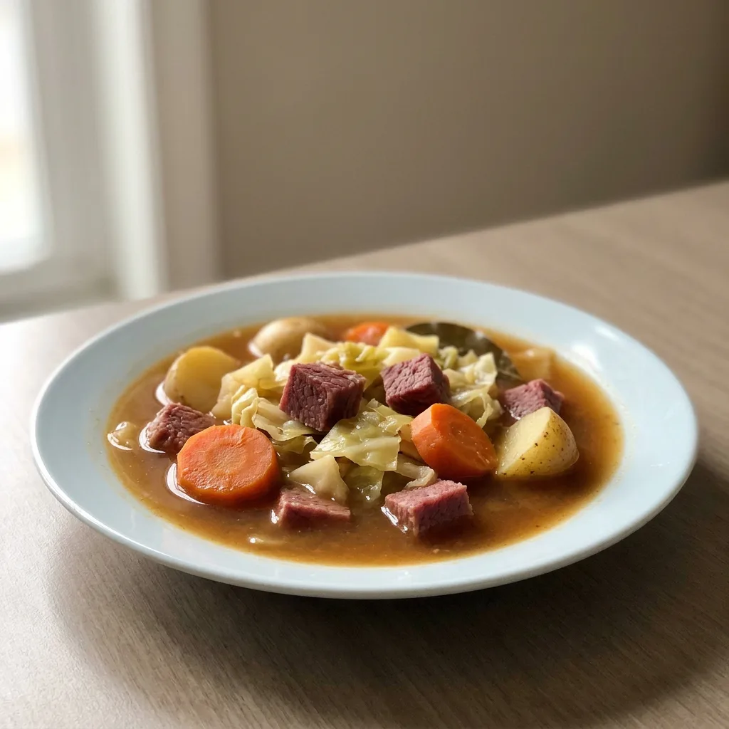 Looking down at a bowl of soup with chunks of corned beef, cabbage, potatoes, carrots, and celery in a dark broth.