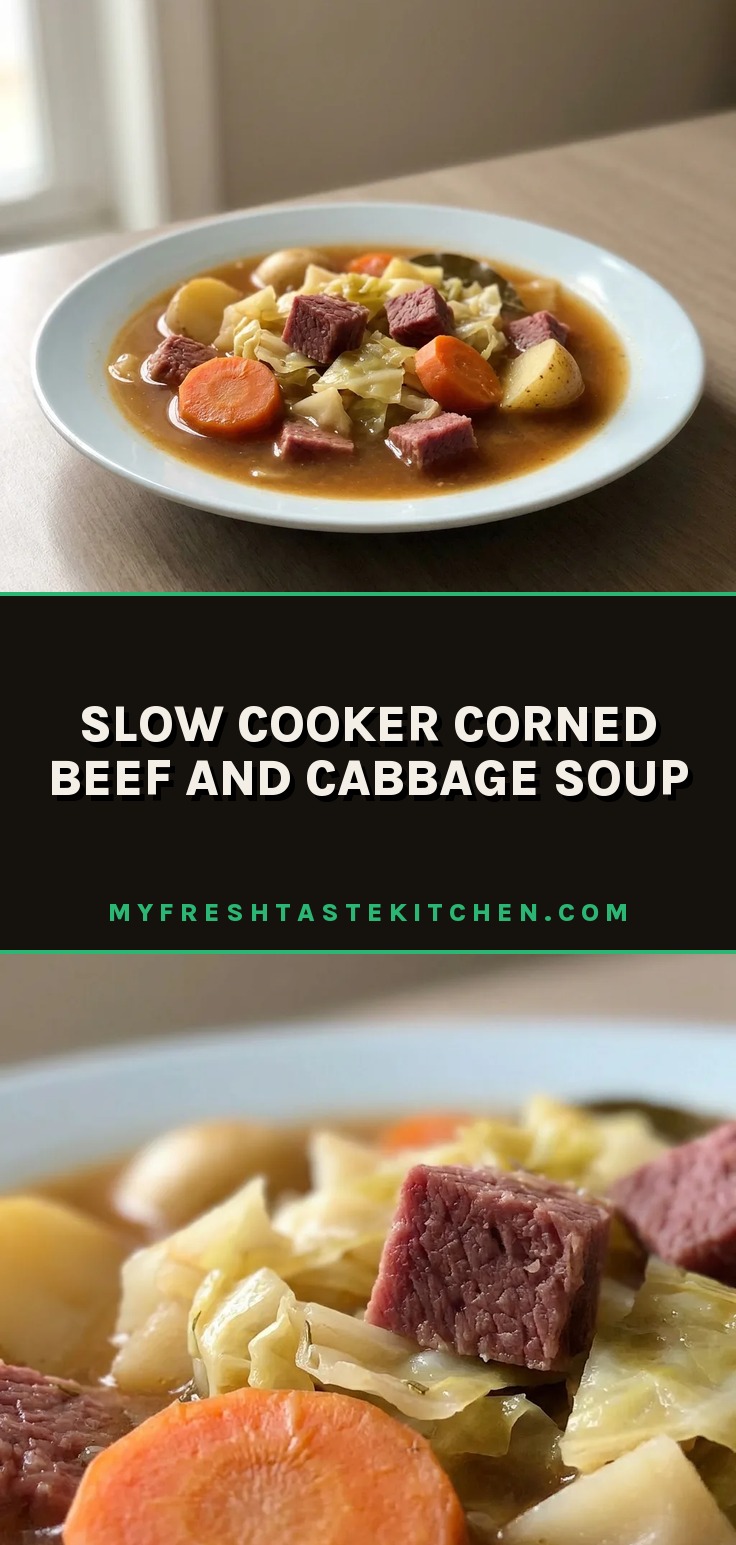 Slow cooker corned beef and cabbage soup in a bowl, showing chunks of corned beef, potatoes, carrots, and green cabbage in a dark broth.
