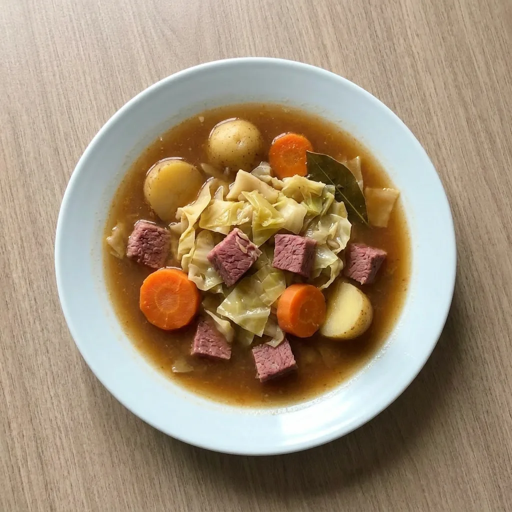 A plate of soup filled with corned beef, cabbage, potatoes, carrots, and celery in a rich broth.