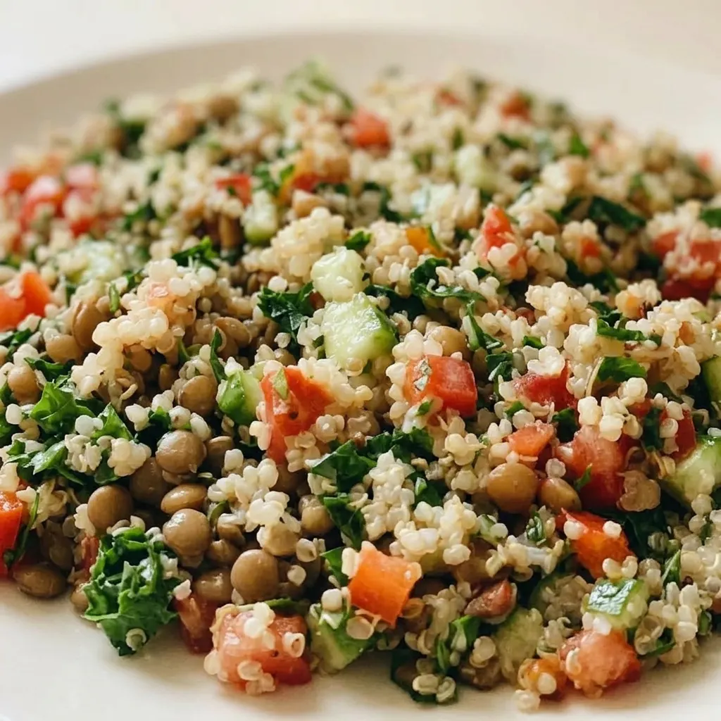 Macro detail of quinoa salad showing red pepper, tomato, cucumber, kale, and cilantro.