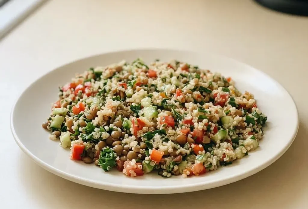 Top-down look at a bowl of quinoa and lentil salad with red pepper, tomato, cucumber, kale, and cilantro.