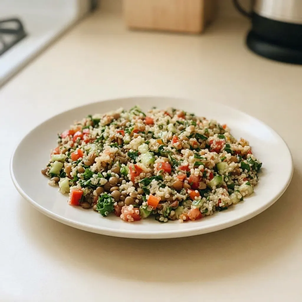 Top-down look at a bowl of quinoa and lentil salad with red pepper, tomato, cucumber, kale, and cilantro.