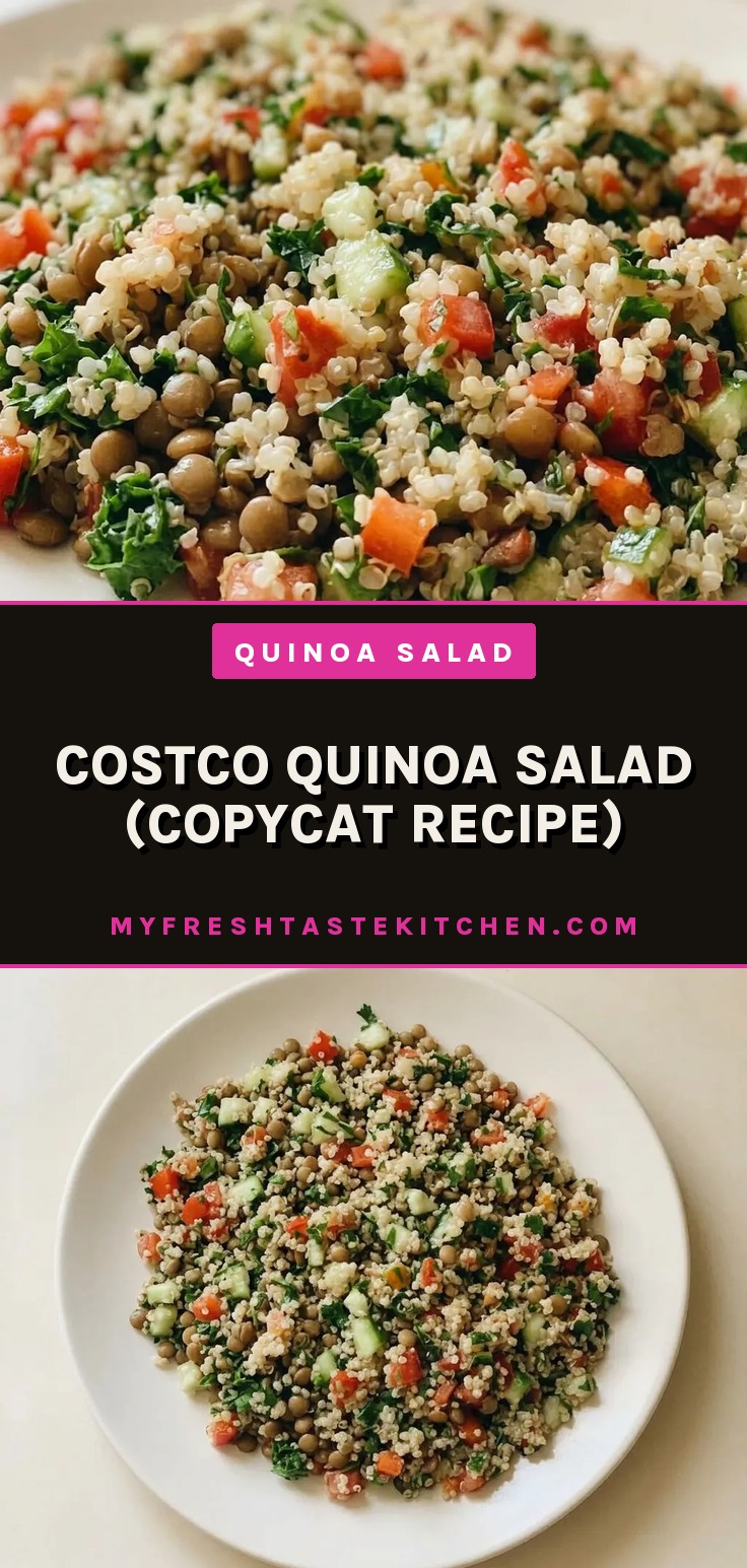 Top-down look at a bowl of quinoa and lentil salad with red pepper, tomato, cucumber, kale, and cilantro.