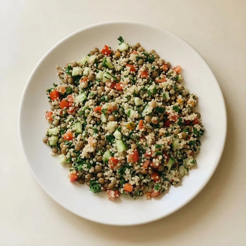 A serving of quinoa and lentil salad topped with red pepper, tomato, cucumber, kale, and cilantro.