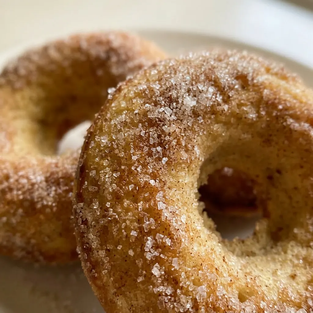 Zoomed in on a single donut with a light brown crust and visible cinnamon specks.