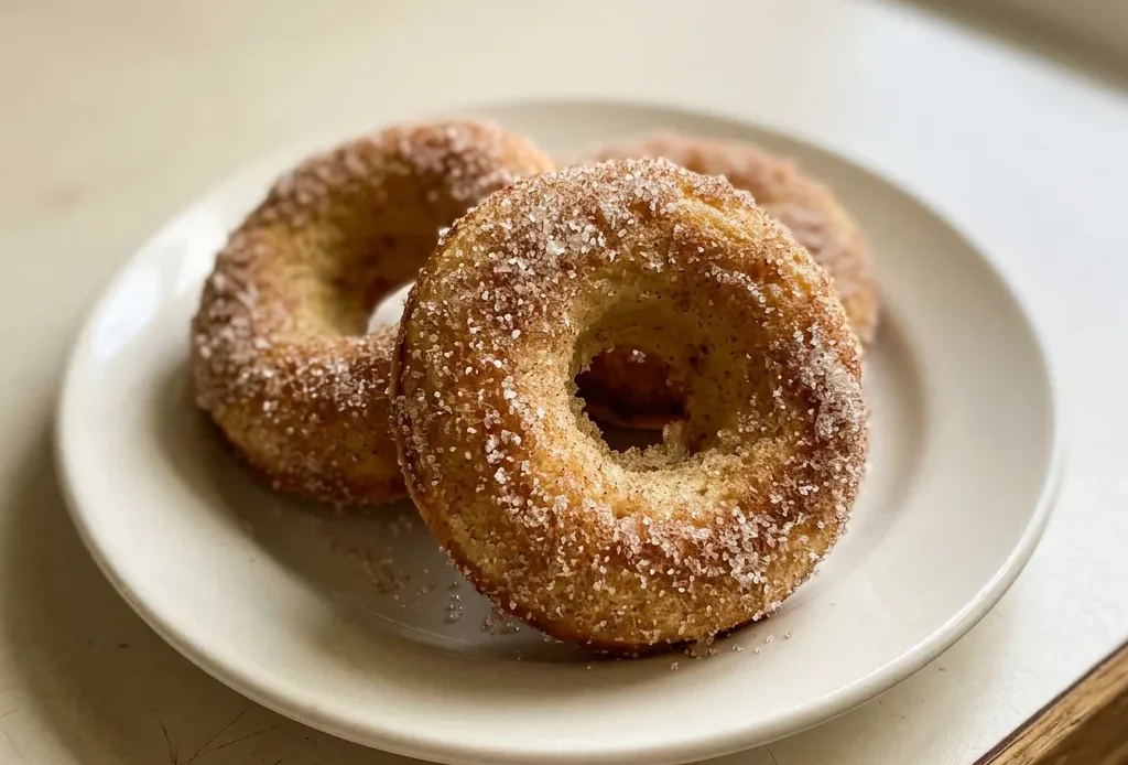 Bird's-eye view of three golden donuts dusted with cinnamon sugar on a dark surface.