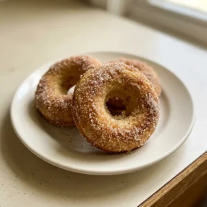 Bird's-eye view of three golden donuts dusted with cinnamon sugar on a dark surface.