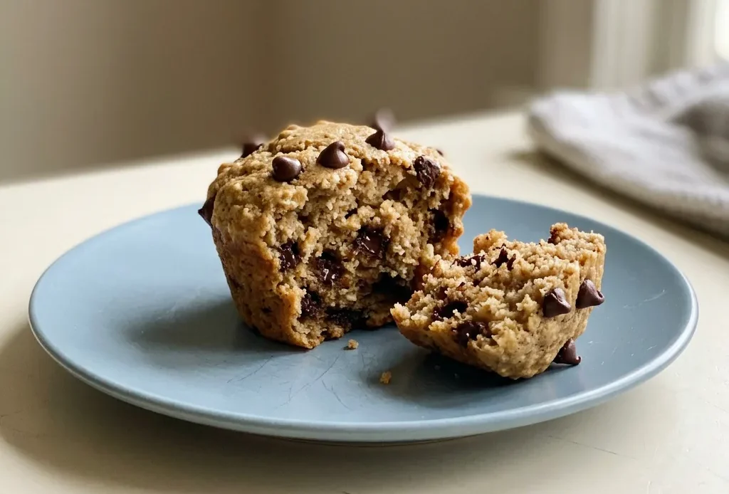 Top-down look at a round muffin with chocolate chips and oats visible, topped with a drizzle of maple syrup.