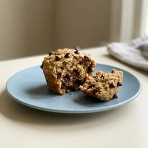 Top-down look at a round muffin with chocolate chips and oats visible, topped with a drizzle of maple syrup.