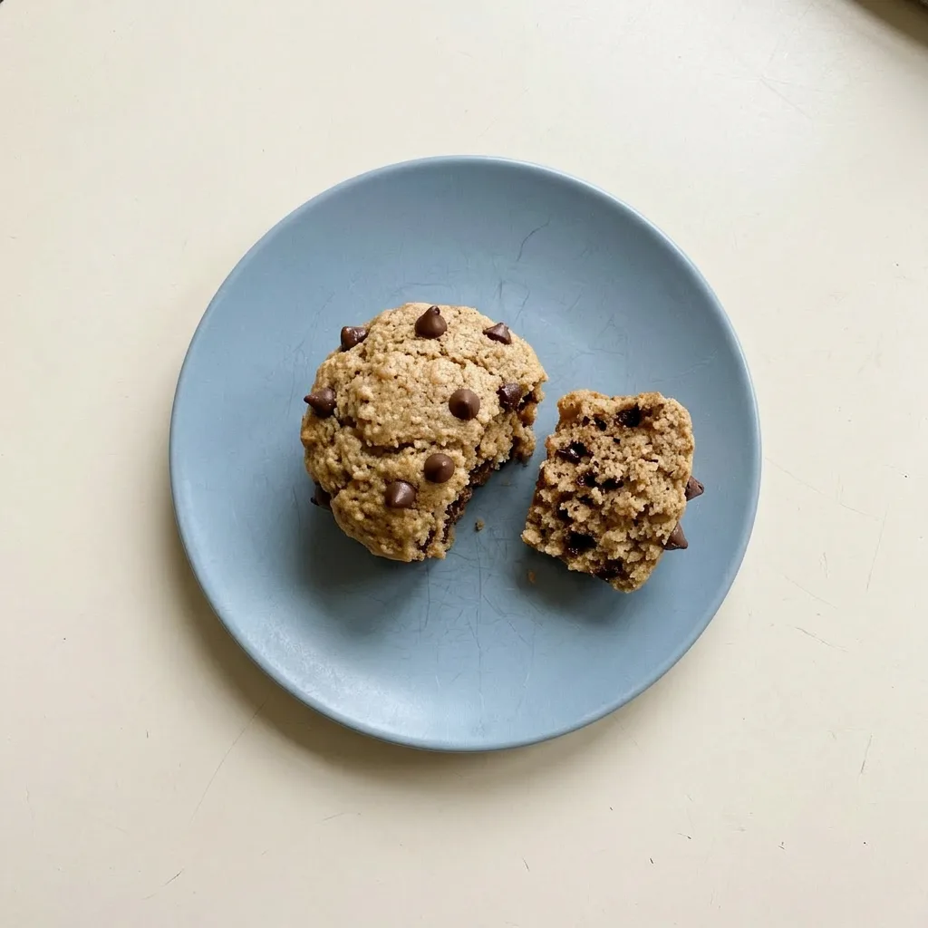 A serving of a golden-brown muffin with chocolate chips and oats, drizzled with maple syrup.
