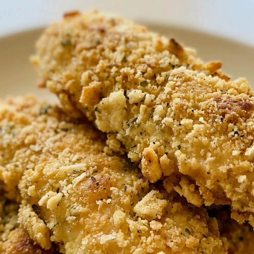 Close view of a chicken tender with visible mayonnaise-based sauce, Parmesan, and Ritz cracker topping.