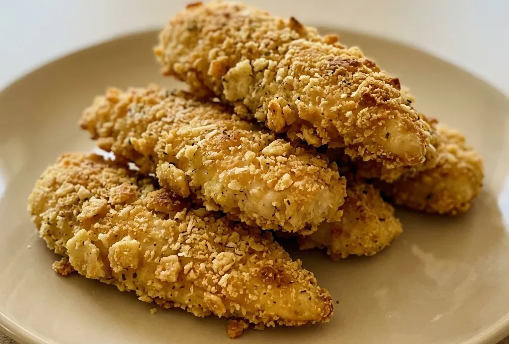 Overhead shot of chicken tenders coated in creamy sauce with melted Parmesan and crumbled Ritz crackers.