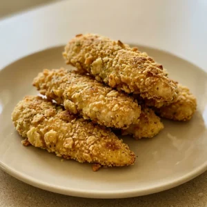 Overhead shot of chicken tenders coated in creamy sauce with melted Parmesan and crumbled Ritz crackers.