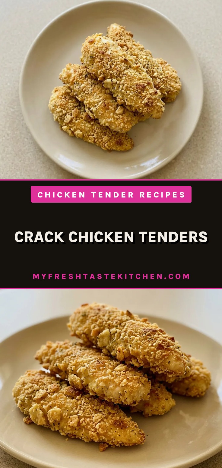 Overhead shot of chicken tenders coated in creamy sauce with melted Parmesan and crumbled Ritz crackers.