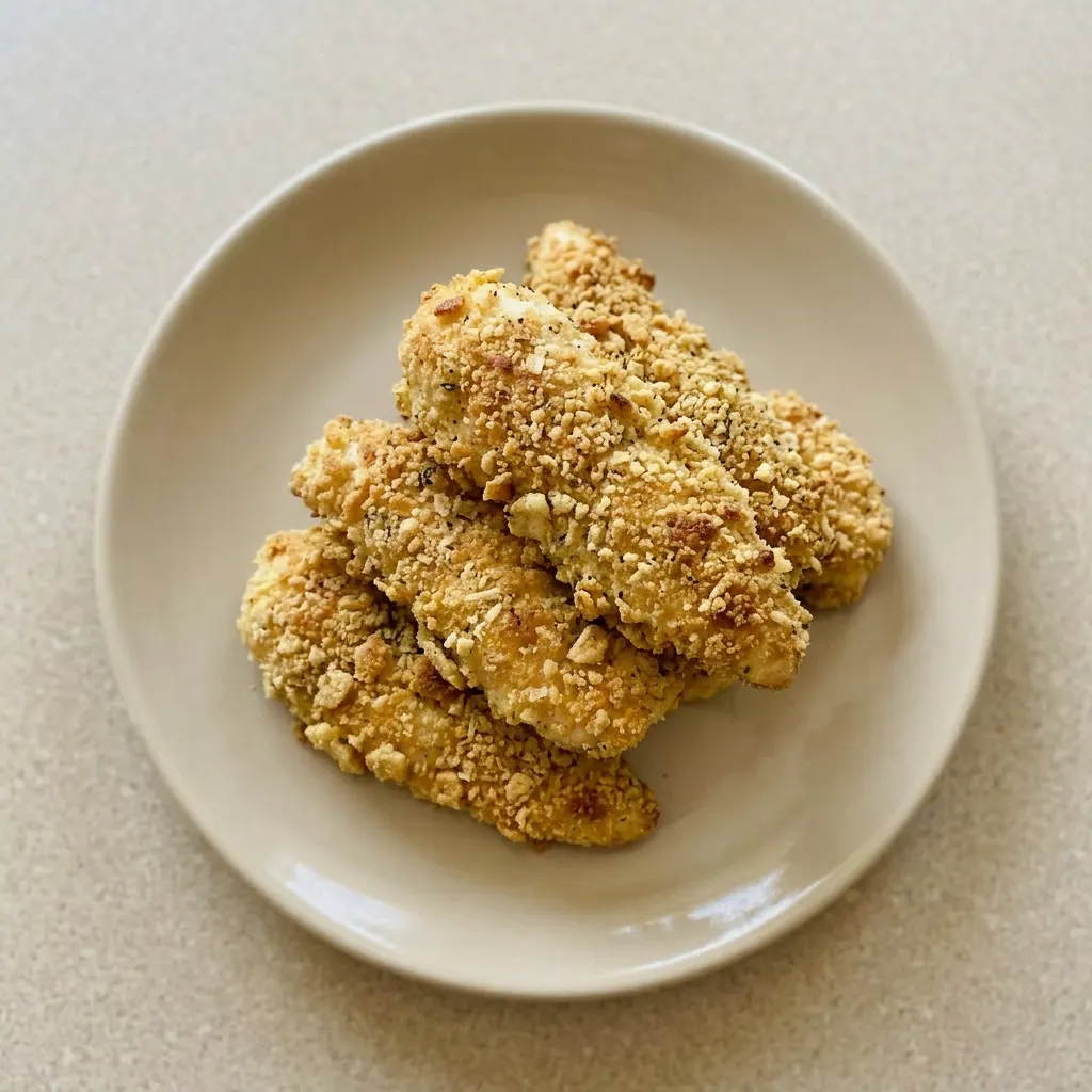 Plated chicken tenders with creamy Parmesan and Ranch seasoning, topped with crushed Ritz crackers.