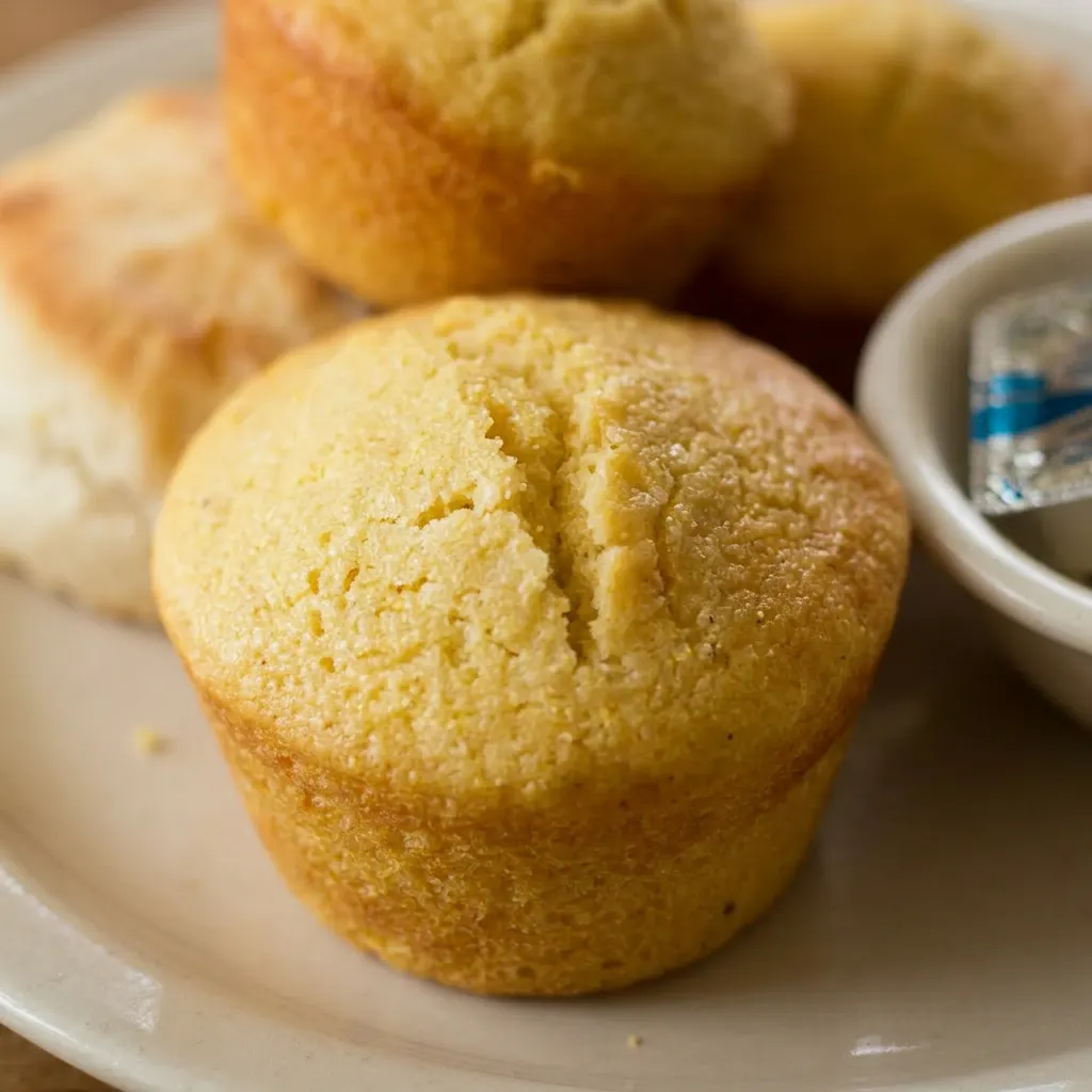 Close view of a cornbread muffin with a pat of butter melting, honey pooling in the center, and visible cornmeal specks.