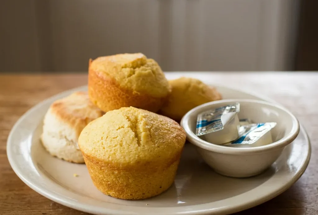 Overhead shot of two cornbread muffins with honey drizzled on top, one split open showing crumbly texture.