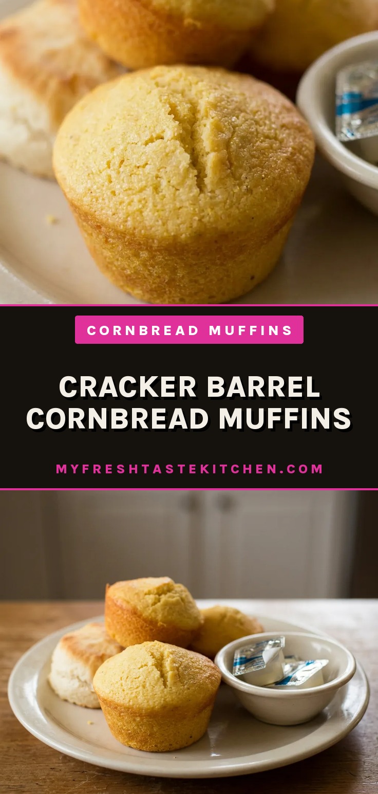 Overhead shot of two cornbread muffins with honey drizzled on top, one split open showing crumbly texture.