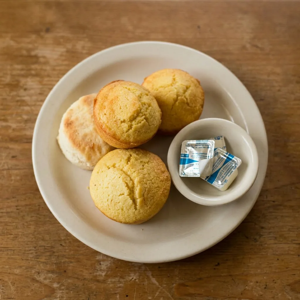 Plated cornbread muffins with a drizzle of honey and a side of butter, one muffin cut in half to reveal interior.